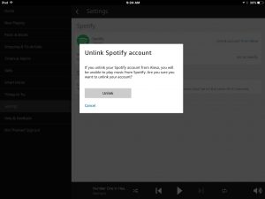 Picture of the Amazon Alexa app on iOS, displaying the -Unlink Spotify Confirmation Prompt- window.