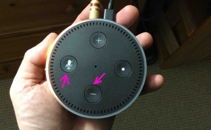 Picture of the Amazon Echo Dot 2nd Gen, with Reset Button Combination Highlighted. Includes the Mic Off and Volume Down buttons.