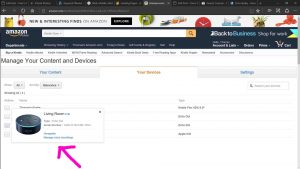 Picture of the Amazon web site, displaying the -Manage Your Content and Devices- page. This shows the -Living Room- Alexa device window, with the -Manage Voice Recordings- link highlighted.