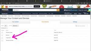 Picture of the Amazon web site, displaying the -Manage Content and Devices- page. Aan Alexa device is highlighted.