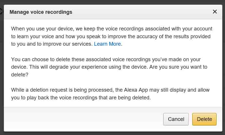 Picture of the Amazon web site, displaying the -Manage Voice Recordings- window.