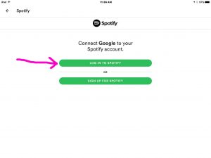 Picture of the Google Home app on iOS, displaying the -Connect Google to Spotify Options- screen, with the -Log in to Spotify- option highlighted.