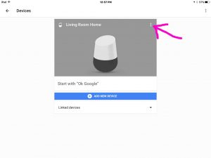 Picture of the Home app on iOS, displaying the Devices screen, with its hamburger menu link highlighted. How to Reboot Google Home.