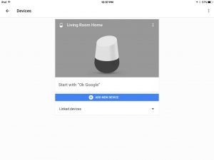 Picture of the Google Home app on iOS, displaying the -Devices- screen, with one speaker device up and running.