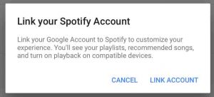 Picture of the Google Home app on iOS, displaying the -Link Spotify Prompt- window. Google Home App Screenshots 2016.
