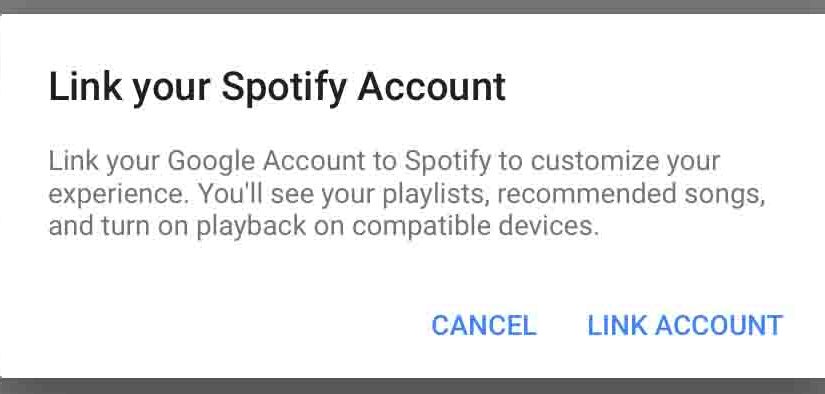 Picture of the Google Home app on iOS, displaying the -Link Spotify Prompt- window.