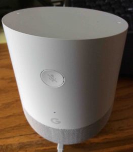 Picture of the Google Home speaker rear view, showing the Mic Mute button (near top) and pilot lamp hole (near bottom, above the G logo).