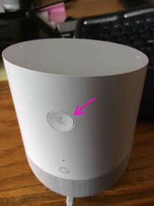 Picture of the first Google Home, rear view, showing the Reset Button highlighted.
