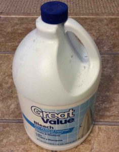 Picture of a bottle of Great Value brand bleach, front view.