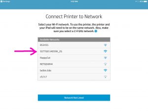 Screenshot of The HP AiO Remote app. Showing the -Connect Printer to Network- screen. This list  of WiFi networks comes from the HP DeskJet 3630.