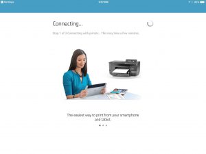 Picture of the HP AiO Remote app on iOS, showing the -Connecting To WiFi- screen.