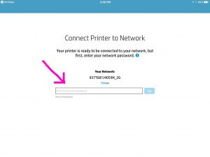 Picture of the HP AiO Remote app on iOS, displaying the -Wi-Fi Password Entry- prompt. How to Setup WiFi on HP Deskjet 3632.