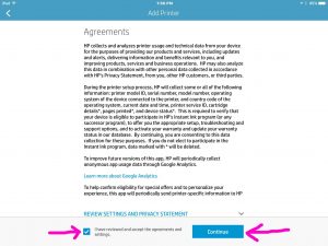 Screenshot of the -Add Printer, Agreements- window. Showing the -Continue- button.
