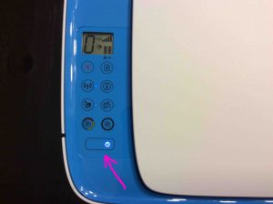 Picture of the HP DeskJet 3630 printer top, with the power button highlighted.