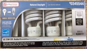 Picture of the Utilitech compact fluorescent lamps, #0345544 daylight 23 watt package, front view.