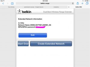 Picture of the Belkin F9K1122v1 Wi-Fi range extender in setup mode, displaying the -Extended Network Information- screen.