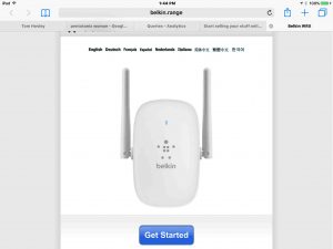 Picture of the -Setup-Get Started- web page as seen on an iPad Air, as displayed by the Belkin F9K1122v1 Wi-Fi range extender in setup mode. 
