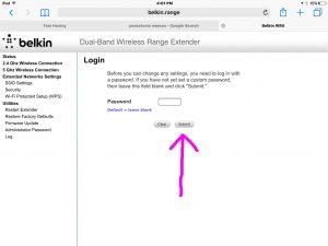 Screenshot of the Belkin WiFi range extender, prompting for the admin login password. 