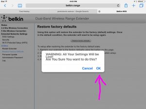Screenshot of the WiFi repeater -Restore Factory Defaults Warning- screen, with the OK button highlighted.