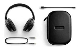 Picture of the headphones with accessories. Stock photo.