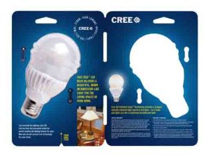 Picture of the Cree™ 100w LED soft white 2700k dimmable A21 light bulb, original package folded open.