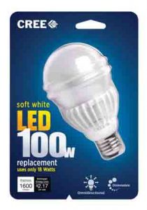 Picture of the Cree™ 100w LED soft white 2700k dimmable A21 light bulb, original package front.