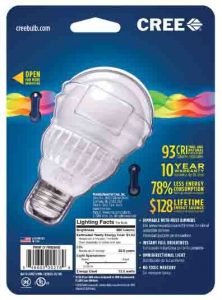 Picture of the Cree™ 60w LED soft white 2700k dimmable A19 light bulb, original package, back view.