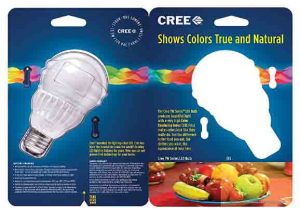 Picture of the Cree™ 60w LED soft white 2700k dimmable A19 light bulb, original package, folded open.