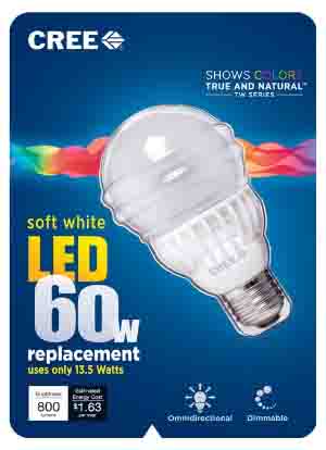 Picture of the Cree™ 60w LED soft white 2700k dimmable A19 light bulb in original packaging, front view.
