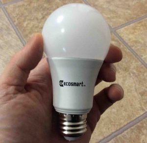 Picture of the Ecosmart™ LED 60w A19 daylight white light bulb, held in hand.