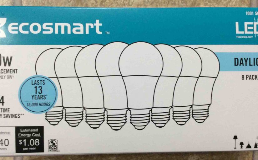 Picture of the Ecosmart™ LED 60w A19 daylight white light bulbs, eight bulb package, front view.
