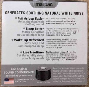 Picture of the Marpac Dohm Serious Sleep SS white noise machine, black version, original box bottom.