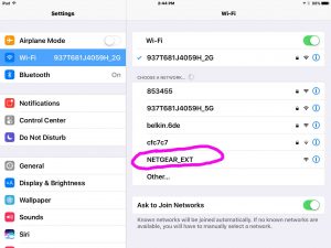 Netgear EX3700 setup. Picture of the NETGEAR_EXT WiFi Network as seen on an iPad Air, that the EX3700 range extender establishes when in Setup mode.