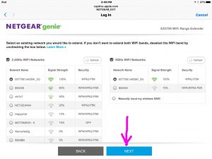 Netgear EX3700 setup. Picture of the Netgear® Genie® web site, showing the chosen wireless networks to extend.