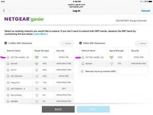 Netgear EX3700 setup. Picture of the Netgear® Genie® web site, listing the in-range 2.4 Ghz. and 5 Ghz. Wi-Fi networks it found during its scan for wireless networks.
