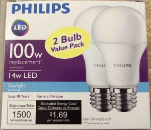 Picture of the Philips LED 100w A19 daylight white light bulb 2-pack, front view.