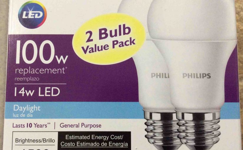 Picture of the Philips LED 100w A19 daylight white light bulb 2-pack, front view.