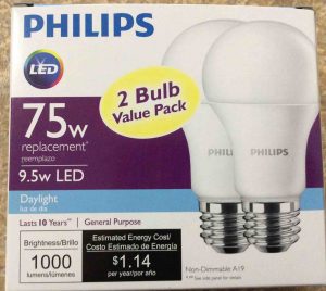 Picture of the Philips LED 75w A19 daylight white light bulb 2-Pack, front view.