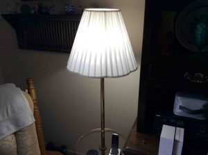 Picture of the Philips LED 75w A19 daylight white light bulb, operating in a typical living room lamp.