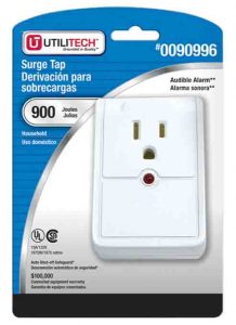Picture of the Utilitech 0090996 single outlet surge protector for treadmills, original package, front view.
