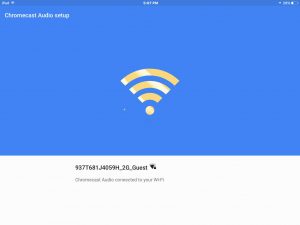 Picture of the -Connected to WiFi Successfully- screen, as displayed in the Google Home app during Google Chromecast Audio streamer setup procedure.