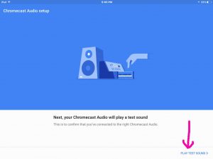 Picture of the -Play Test Sound- prompt screen in the Google Home app, during Google Chromecast Audio streamer setup procedure.