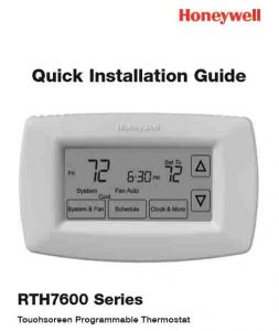 Picture of the Honeywell RTH7600 7-day programmable thermostat quick installation manual cover page.