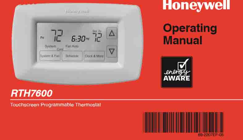 Picture of the Honeywell RTH7600 programmable thermostat operating manual cover page, top portion.