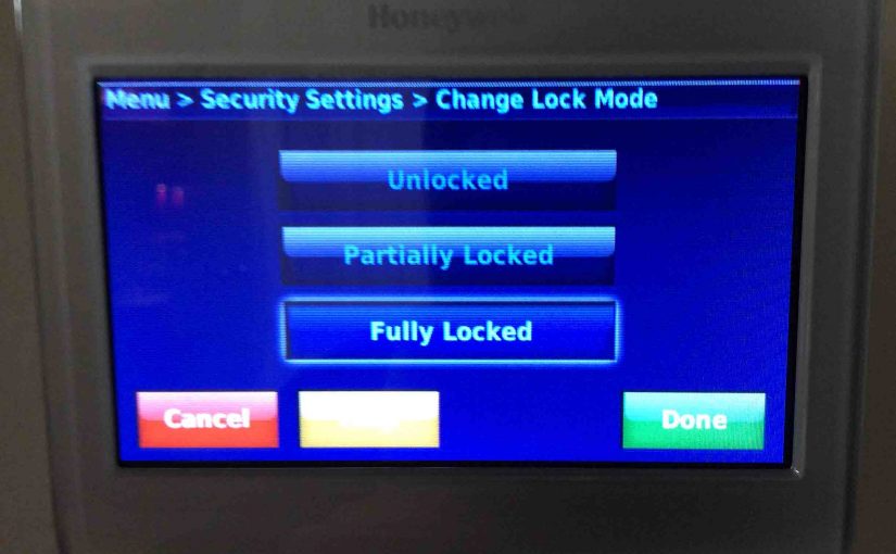 Picture of the Honeywell RTH9580WF smart thermostat, displaying its -Change Lock Mode- screen, with the -Fully Locked- option selected.