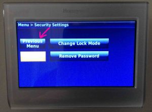 Picture of the -Security Settings- screen, with the -Previous Menu- button highlighted.
