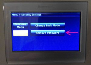 Picture of the Honeywell RTH9580WF smart thermostat, displaying its -Security Settings- screen, with the -Remove Password- option highlighted.