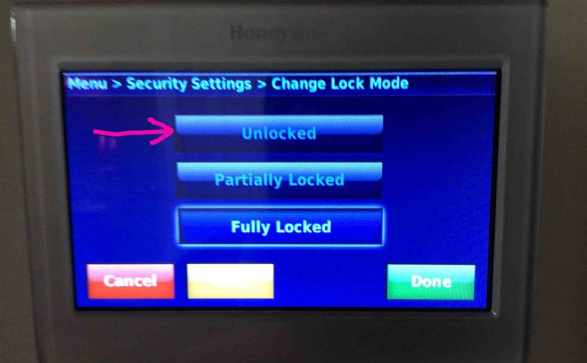 Picture of the Honeywell RTH9580WF smart thermostat, displaying its -Security Settings- screen, with the -Unlocked- button highlighted.