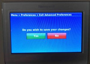 Picture of the -Exit Advanced Preferences- screen, prompting for -Save Changes- of the new temperature offset confirmation.