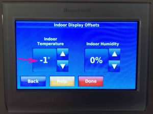 Picture of the -Indoor Display Offsets- screen but now with a minus 1 degree temperature offset.